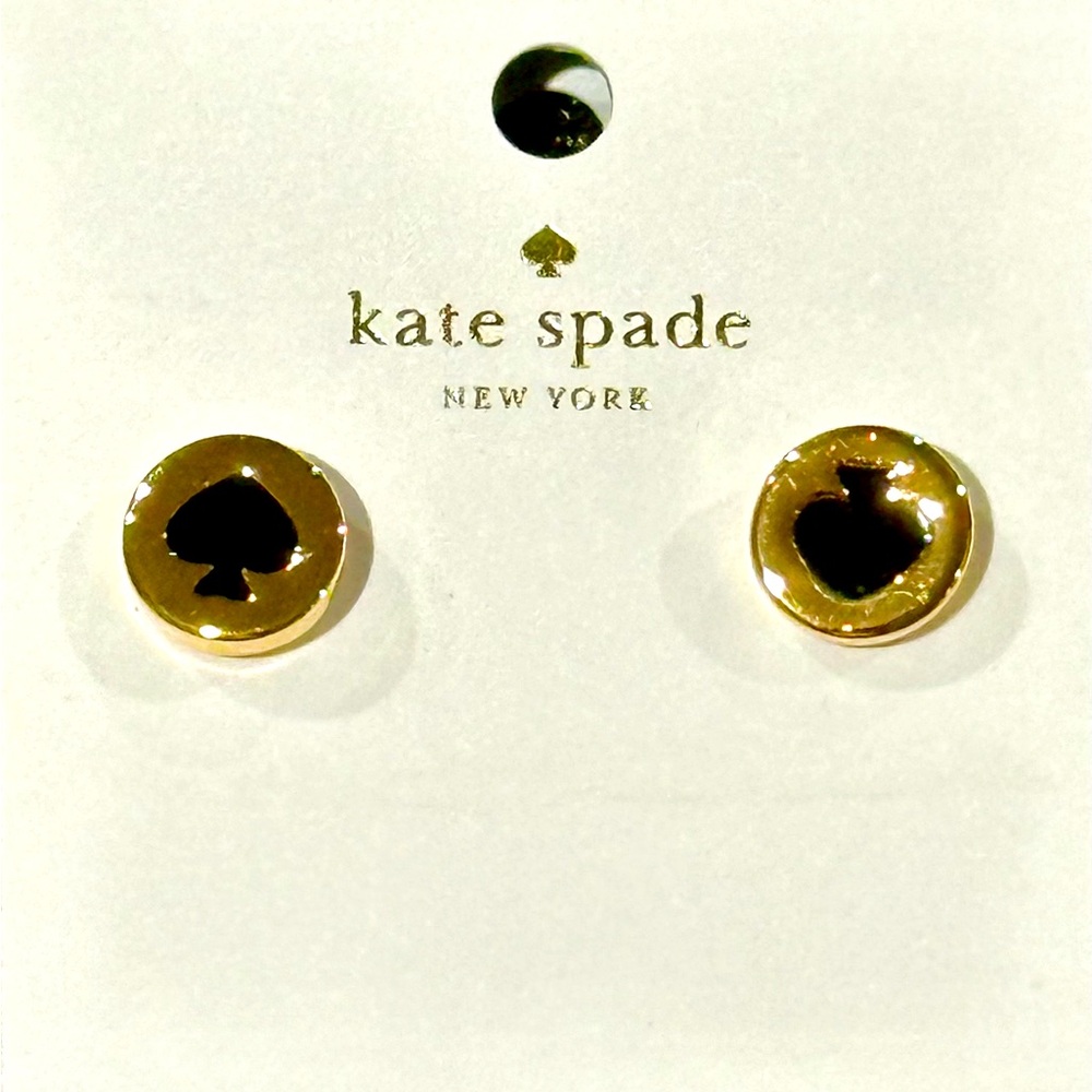 Kate Spade round gold earrings with black enamel spade, includes dust bag